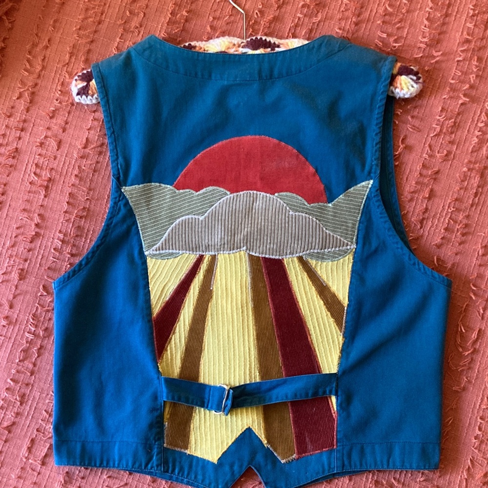 Vintage Chico's Teal Blue Sunset Patchwork Appliqué Cotton Vest